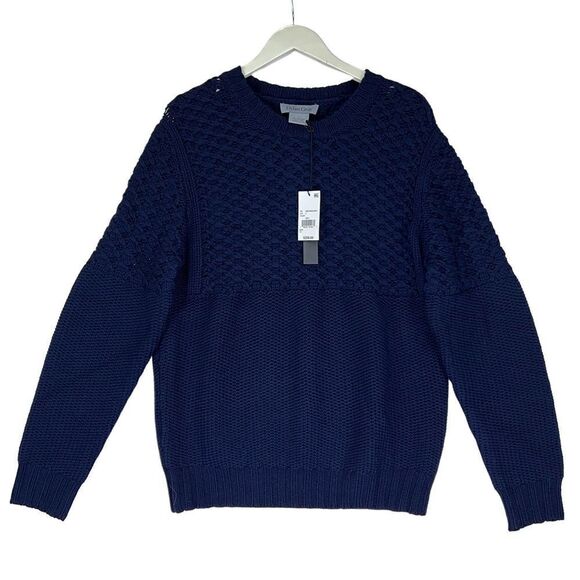 New Dylan Gray Men Navy Merino Wool Sweater Cabled Yoke Pullover US L - Picture 1 of 11